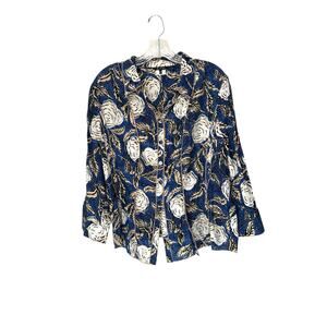 Nic + Zoe Blouse Blue Tan‎ Button Up Short Sleeve Silk Blend Lightweight Size XL